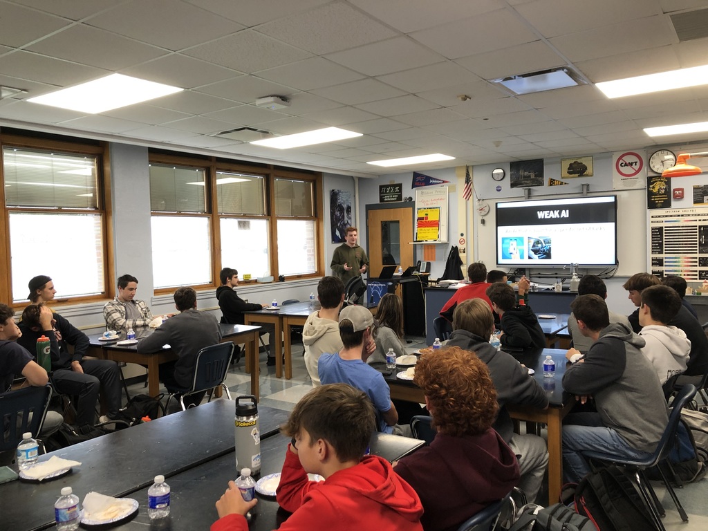 Student led discussion at the Nov STEM Club Meeting at the HS.  Great job Andrew Stansbury for presenting.  A room full of future STEM leaders learning about Artificial Intelligence.