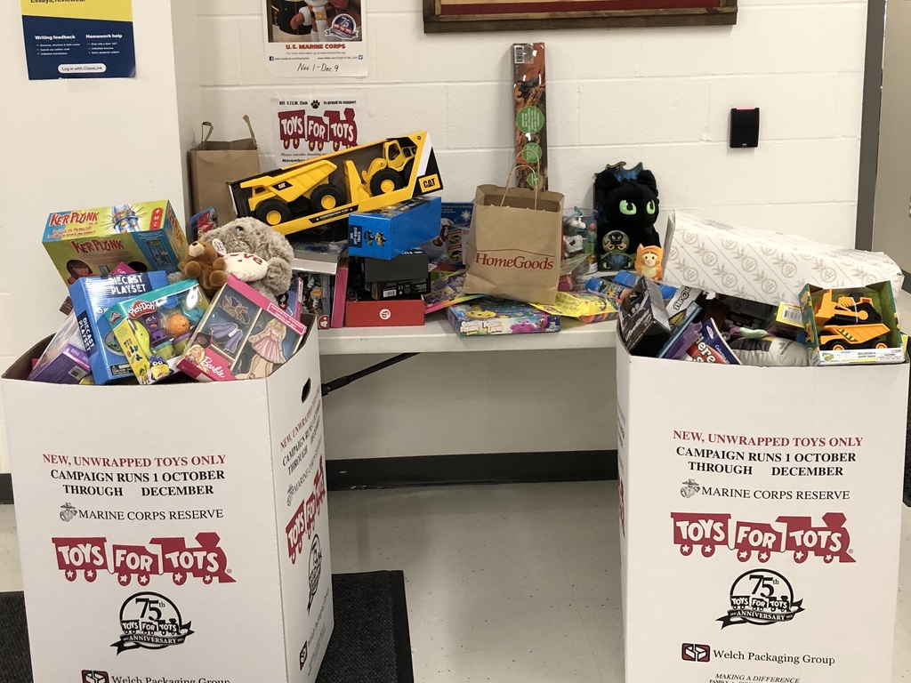 Another great turnout for the Toys for Tots campaign.  Thanks to all students and staff for their generous donations and giving spirit.  Our STEM Club elves were great in getting the toys organized and delivered to the Community Center.  